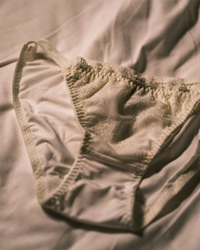 sepia image of women's underwear on a bed
