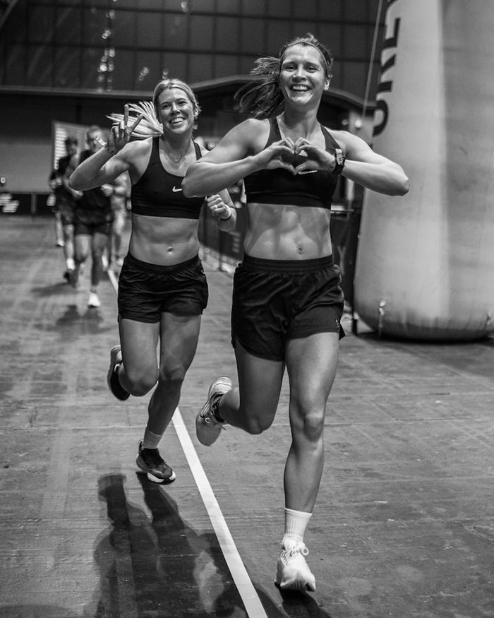 black and white image of women running