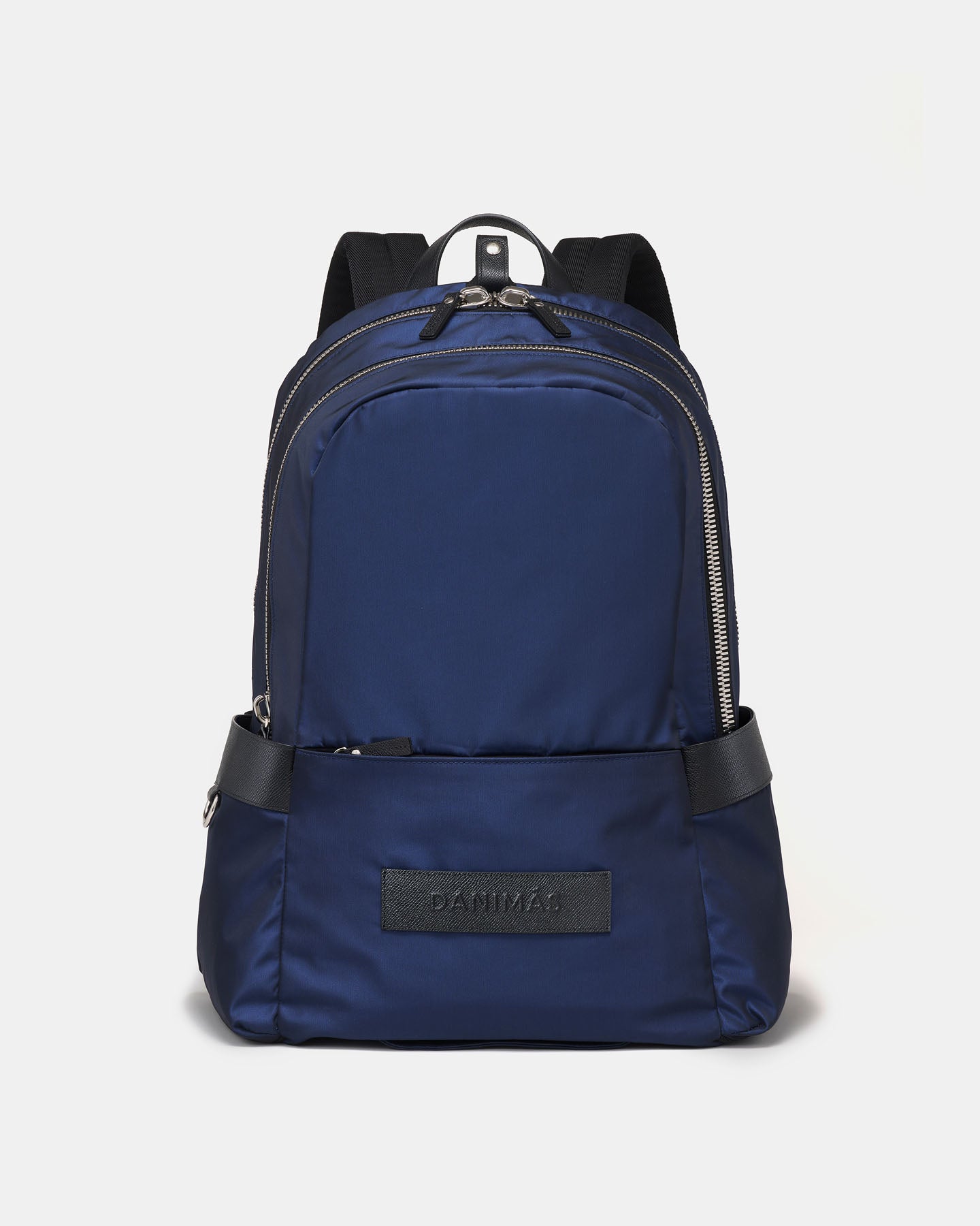 Blue backpack with black accents on a light gray background