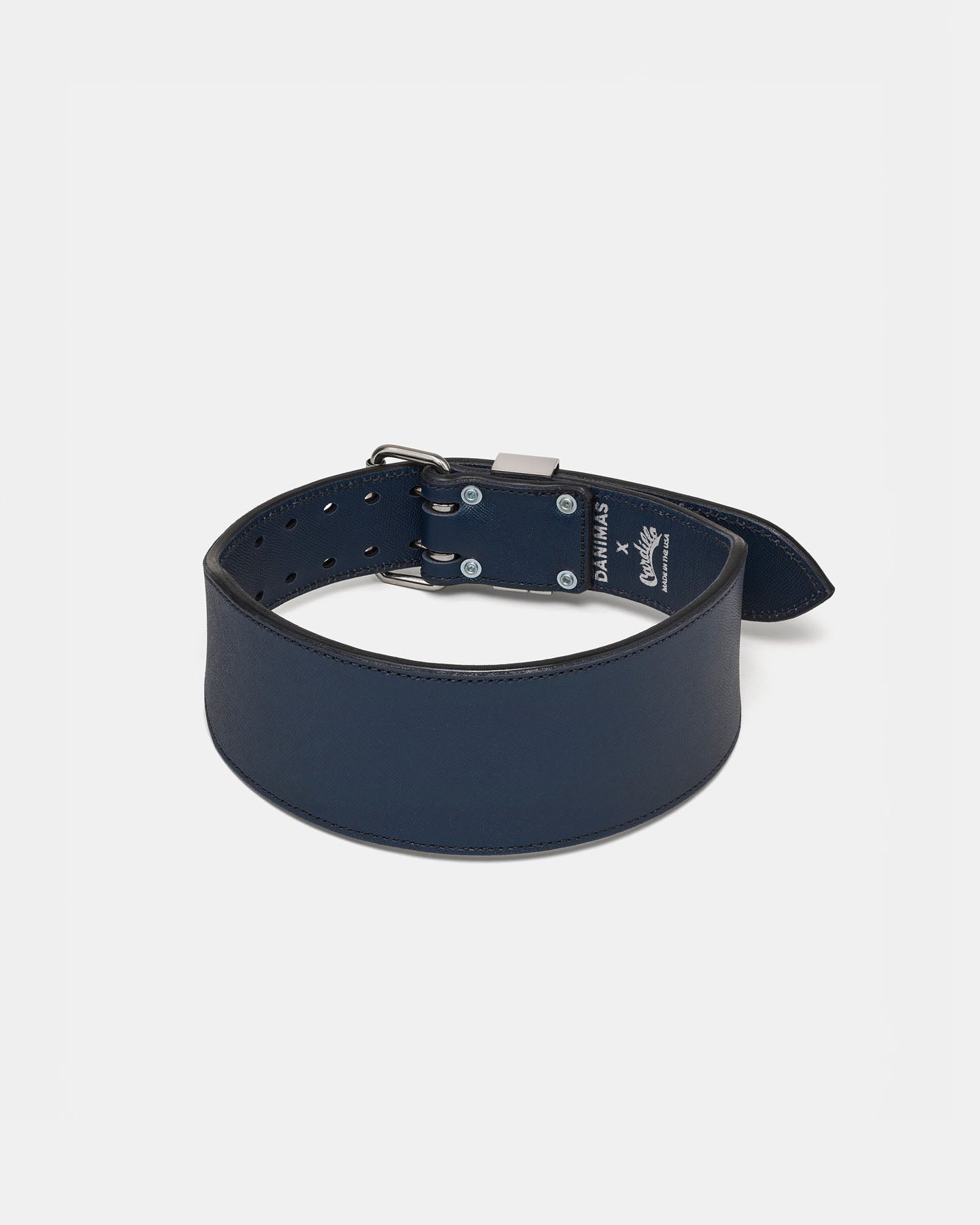 Navy leather dog collar with a brand logo on a light gray background