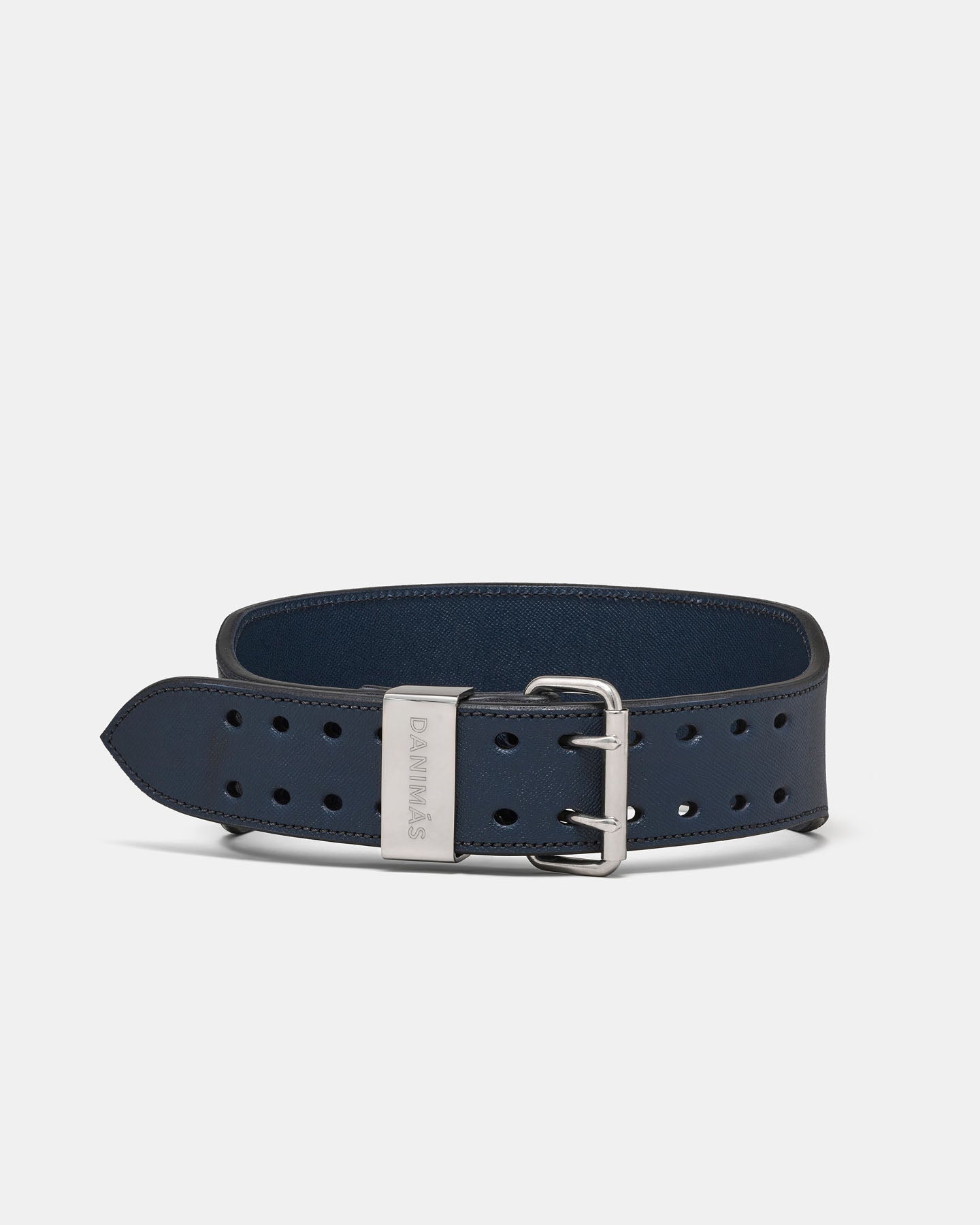 Navy leather belt with silver buckle on a light gray background