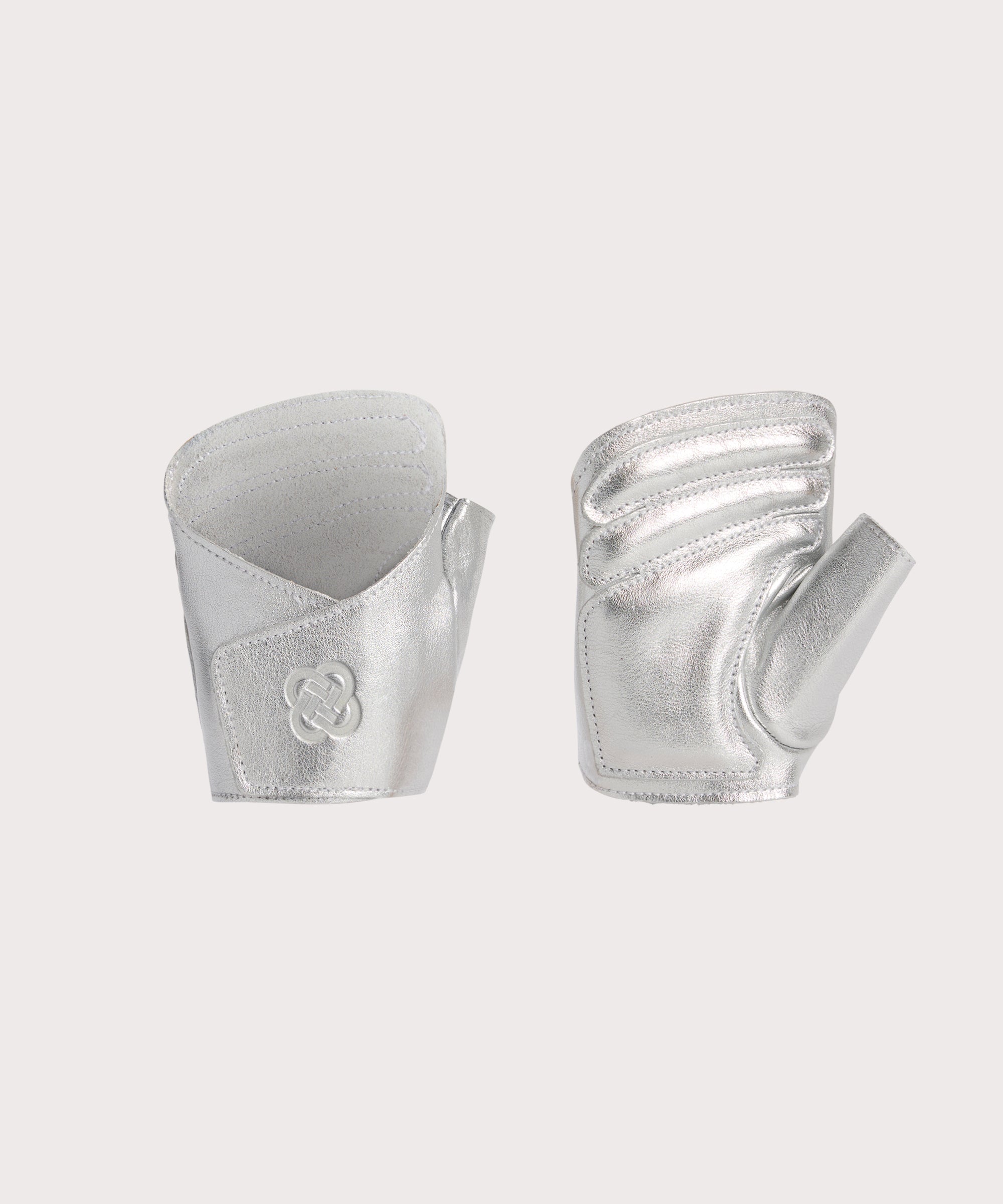 Pair of silver "The Wrap" weight lifting gloves