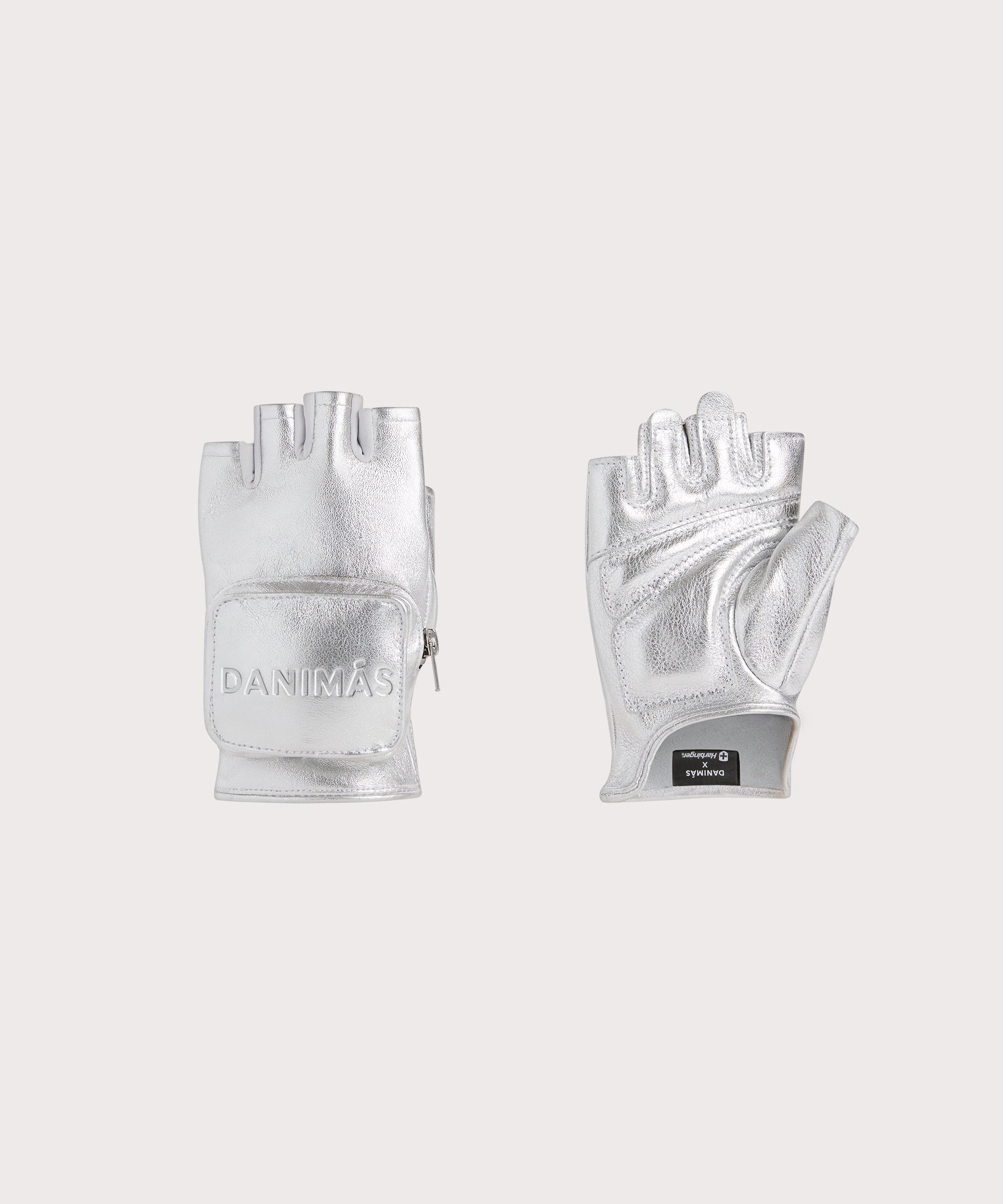 Pair of silver "Conceal" weight lifting gloves with "Danimas" logo