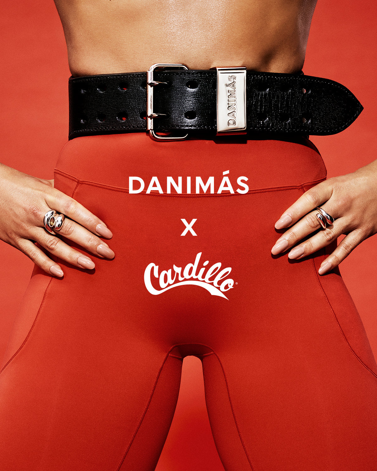 Red leggings with 'Danimas' and 'Cardillo' logos on a red background