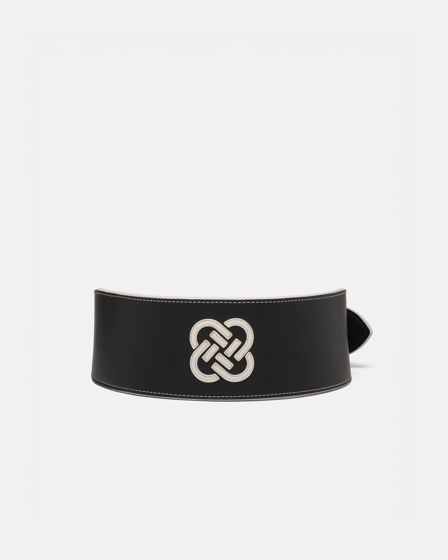Black belt with a silver knot design on a white background