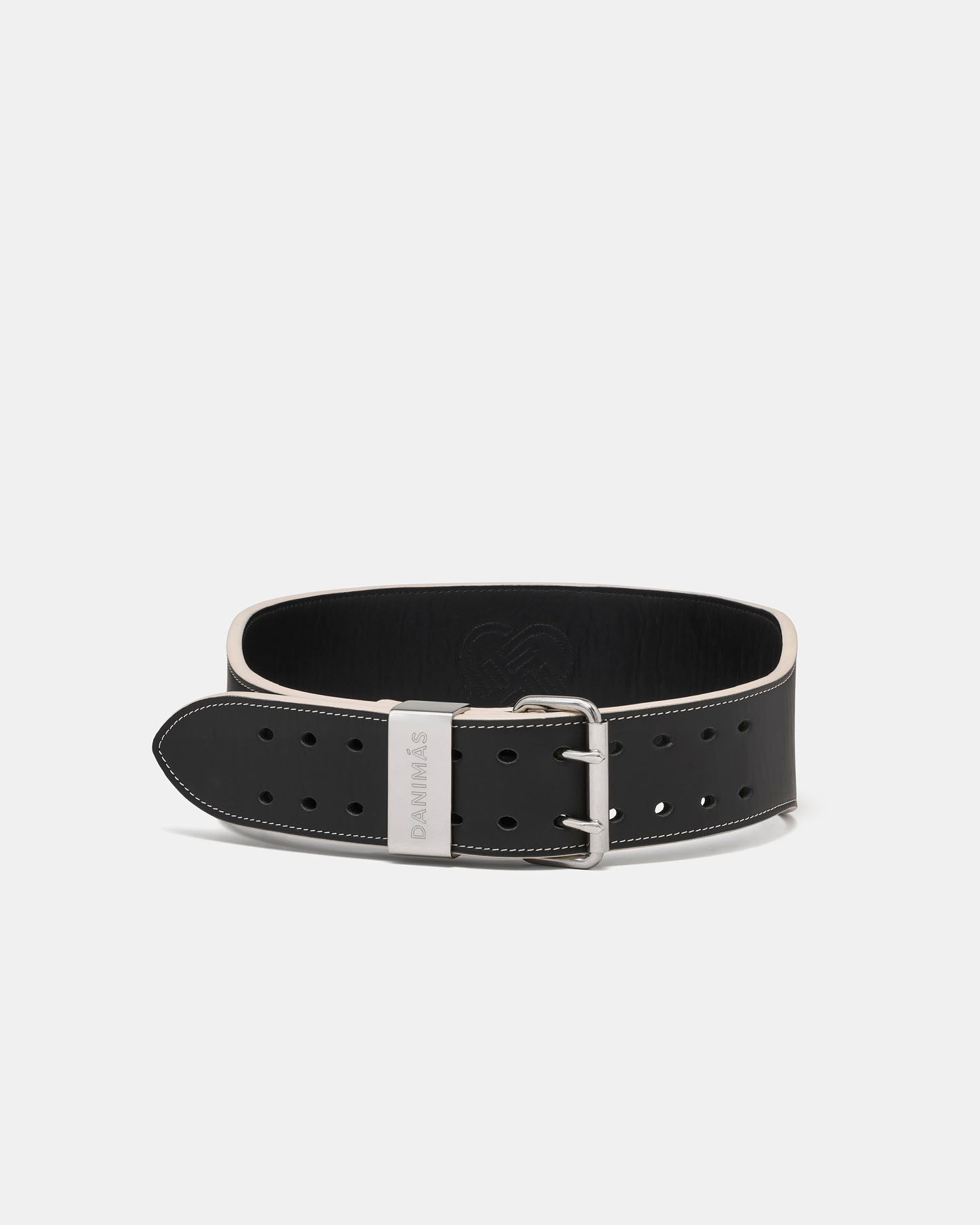 Black leather belt with silver buckle on a white background