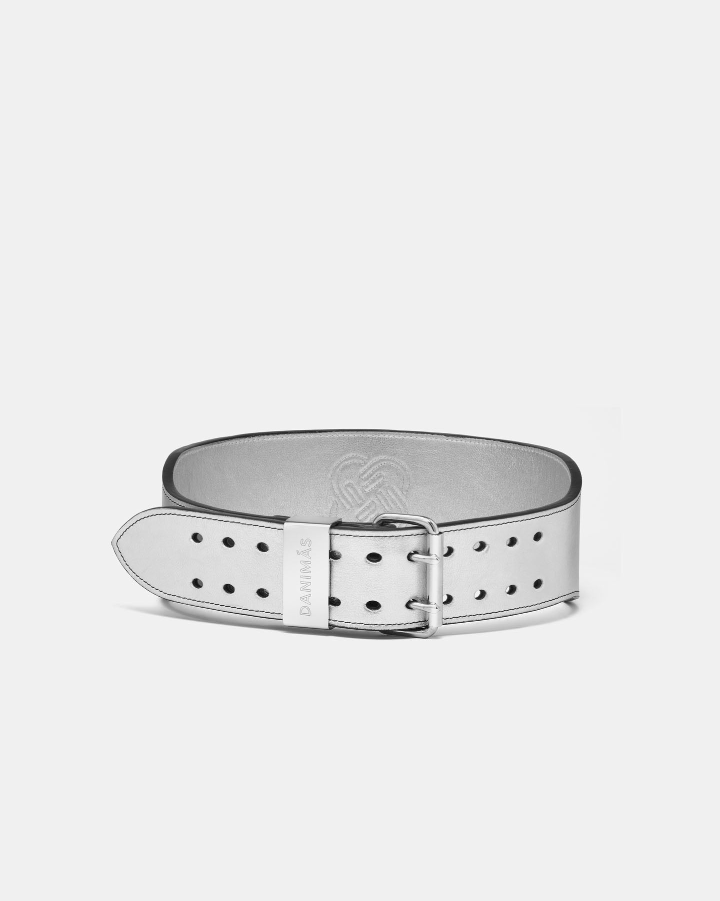 Silver belt with a brand logo on a white background